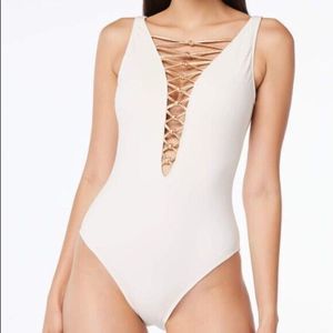1002 Bleu Rod Beattie let’s get knotty lace down one piece swim palm WHITE sz 6